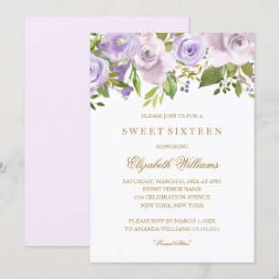 Lila Paarse Waterverf Floral Sweet Sixteen Kaart