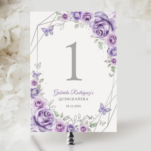 Lila Paarse Zilveren Bloemige Quinceanera Kaart