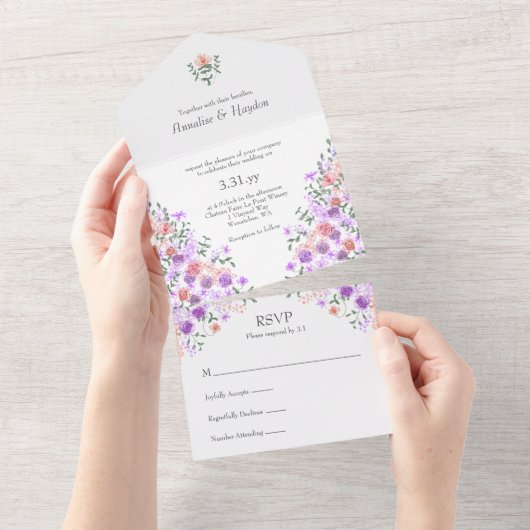 Lila & Peach Rose Bouquet bruiloft All In One Uitnodiging (Afscheurbaar)