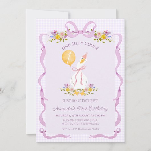 Lila Plaid Een Gekke Gans 1e Verjaardag Kaart (Voorkant)