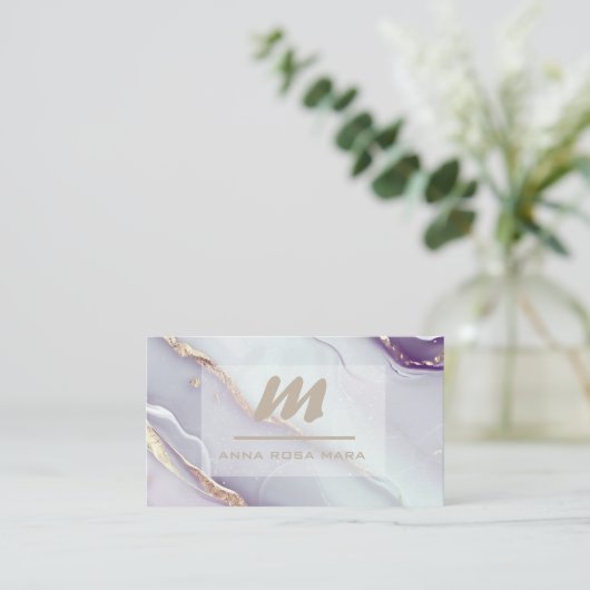 *~* Lila QR Marmeren Glam Luxe Glitter Initiaal AP Visitekaartje (Staand voorkant)