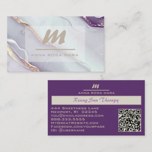*~* Lila QR Marmeren Glam Luxe Glitter Initiaal AP Visitekaartje (Voorkant / Achterkant)