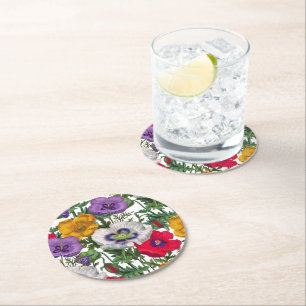 Lila rode witte gele mazen en groene bladeren ronde kartonnen onderzetter