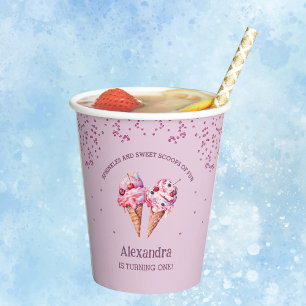 Lila Roze Meisje Ice Cream 1e Verjaardagsfeestje Papieren Bekers