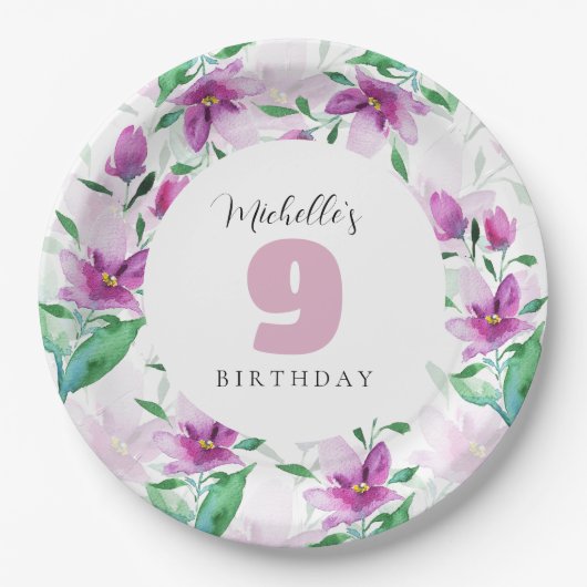 Lila Roze Waterverf Bloemen Monogrammed Papieren Bordje (Voorkant)