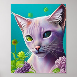 Lila Siamese kat in Lila bloemen op Blauwgroen Poster