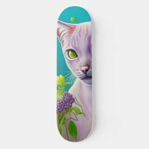 Lila Siamese kat in Lila bloemen op Blauwgroen Skateboard