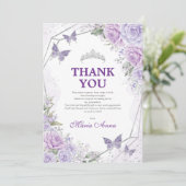 Lila Silver Quinceañera Butterfly - Hartelijk dank Kaart (Staand voorkant)