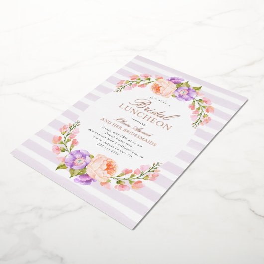 Lila Stripe en Bloom Bridal Luncheon Folie Uitnodiging (Gedraaid)