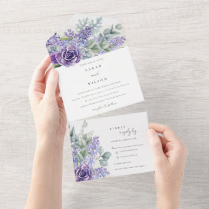 Lila Succulent Eucalyptus Botanical Bunch Wedding All In One Uitnodiging