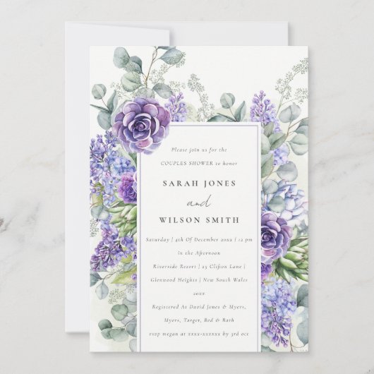 Lila Succulent Eucalyptus Foliage Couples Shower Kaart (Voorkant)