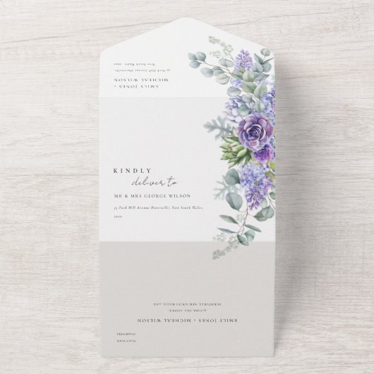 Lila Succulente Eucalyptus Foliage Weddenschap QR- All In One Uitnodiging (Buitenkant)