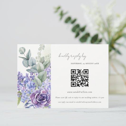 Lila Succulente Leafy Fauna Wedding QR Code RSVP Informatiekaartje (Staand voorkant)