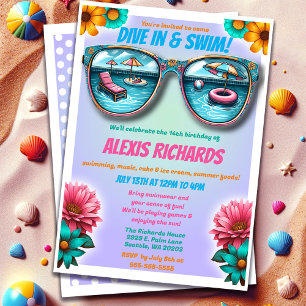 Lila Summer Splash Verjaardags Zwembad Feestuitnod Kaart