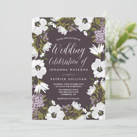 Lila uitnodiging tot weduwschap met Anemone Blooms (Staand voorkant)