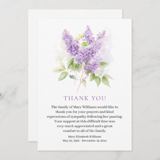 Lila Waterverf Bloemenbegrafenis Dank u Bedankkaart (Voorkant / Achterkant)