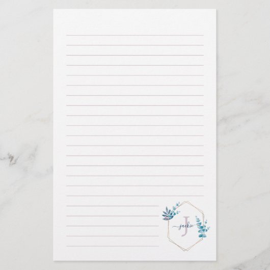 Lila Waterverf Eucalyptus-omhulde monogram Briefpapier (Voorkant)