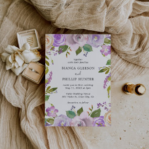 Lila Waterverf Floral Elegant Wedding Kaart
