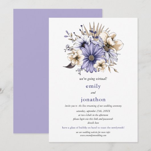 Lila Waterverf Floral Foliage Virtual Wedding Kaart (Voorkant / Achterkant)