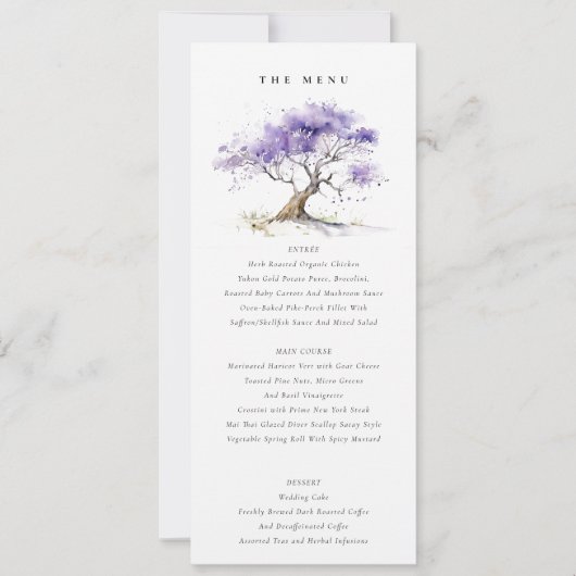 Lila Waterverf Jacaranda Tree Wedding Menu kaart (Voorkant)