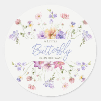 Lila Wildflower Butterfly Baby shower Invitation Ronde Sticker