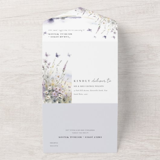 Lila Wildflower Vlinder Veldlandschap Bruiloft All In One Uitnodiging (Buitenkant)