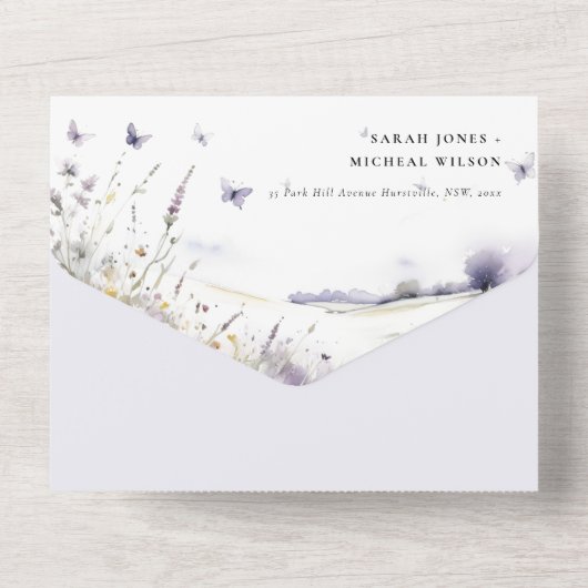 Lila Wildflower Vlinder Veldlandschap Bruiloft All In One Uitnodiging (Achterkant)
