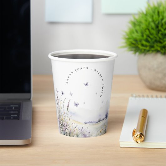 Lila Wildflower Vlinder Veldlandschap Bruiloft Papieren Bekers (Insitu)