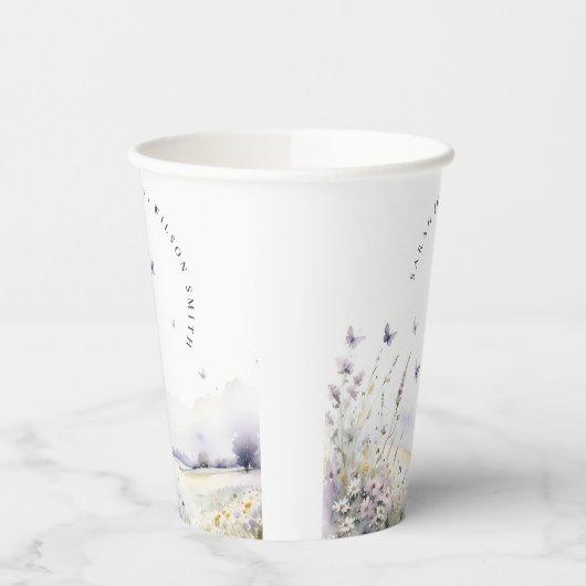 Lila Wildflower Vlinder Veldlandschap Bruiloft Papieren Bekers (Links)
