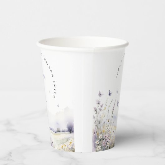 Lila Wildflower Vlinder Veldlandschap Bruiloft Papieren Bekers (Rechts)