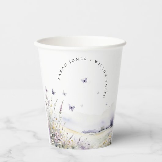 Lila Wildflower Vlinder Veldlandschap Bruiloft Papieren Bekers (Voorkant)