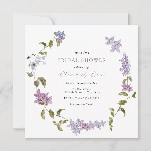 Lilac Aquarelle Florale Douche nuptiale Invitation (Devant)