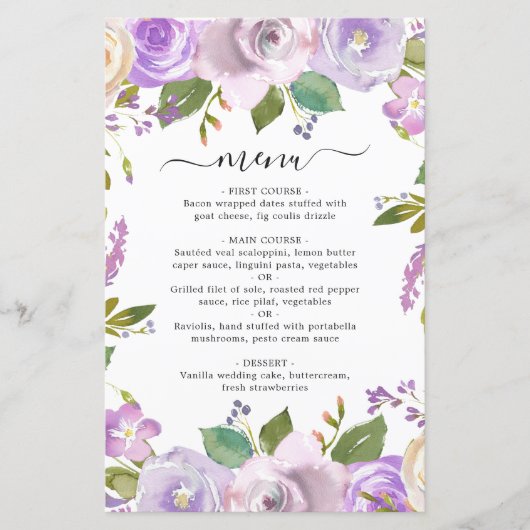 Lilac Aquarelle Florale Elégant Menu Mariage (Devant)