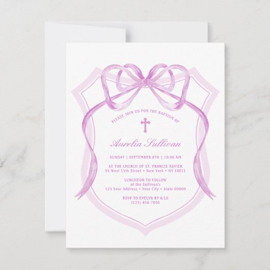 Lilac Bow Crest Baptême Invitation (Devant)