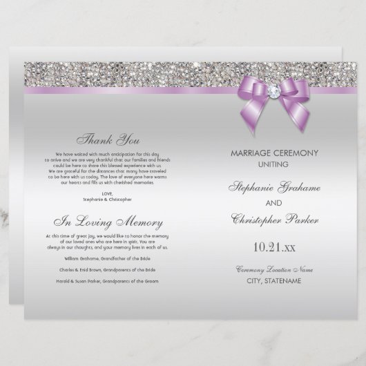 Lilac Bow Sequins d'argent Mariage programme de cé (Devant / Derrière)
