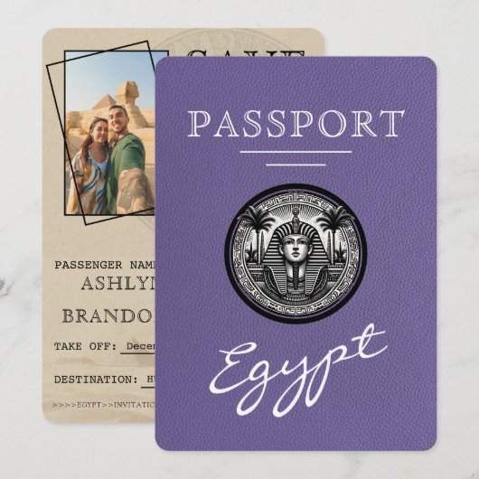 Lilac Egypt Passport Wedding Save the Date (Devant / Derrière)