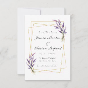 Lilac en gouden save the dates kaart