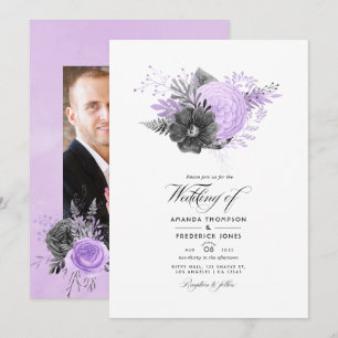 Lilac en houtskool bloemen bruiloftsfoto kaart