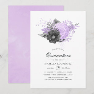 Lilac en houtskool waterverf bloemstuk Quinceañera Kaart