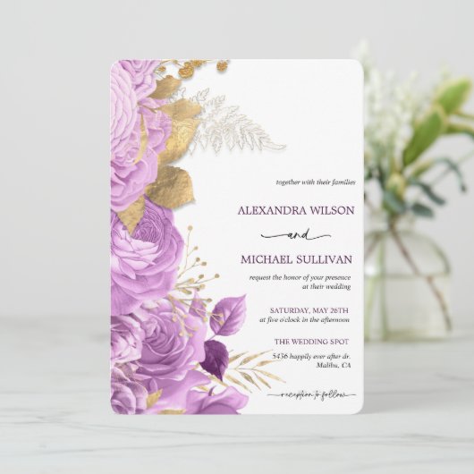 Lilac et or Floral Élégant mariage Invitation (Debout devant)