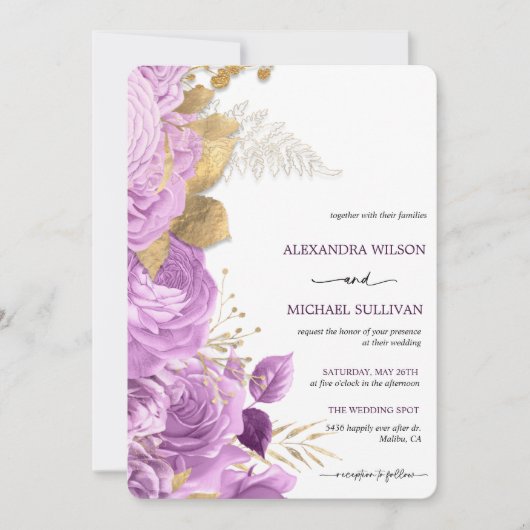 Lilac et or Floral Élégant mariage Invitation (Devant)