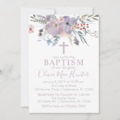 Lilac Fleurs Fille Baptême Invitation (Devant)