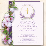 Lilac Fleurs Filles Première Communion Invitation<br><div class="desc">Belles invitations à la première communion avec une couronne lilas lavande et croix sur un arrière - plan violet clair. Retournez notre invitation pour voir un retour de coordination pour une touche spéciale supplémentaire.</div>