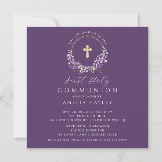 Lilac Fleurs Filles Première Communion Invitation (Devant)