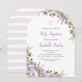 Lilac Floral Baby Girl Baptism Invitation (Devant / Derrière)