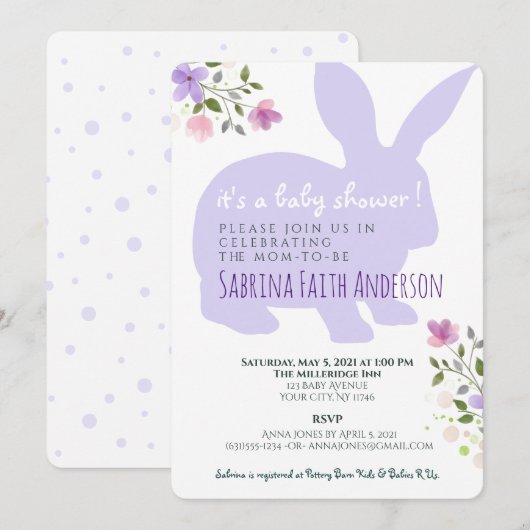 Lilac Floral Bunny Baby shower Invitation (Devant / Derrière)