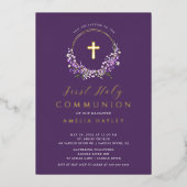 Lilac Floral Girls First Communion Foil Invitation (Recto)