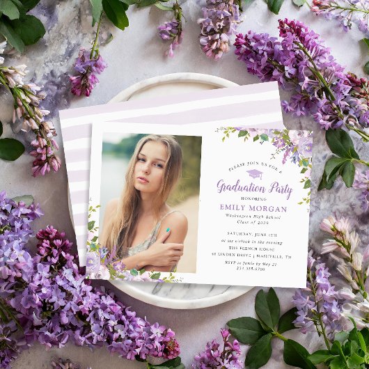 Lilac Floral Photo Graduation Party Invitation