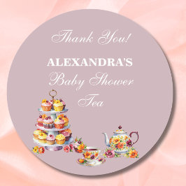 Lilac Floral Tea Party Baby Shower Favor Ronde Sticker