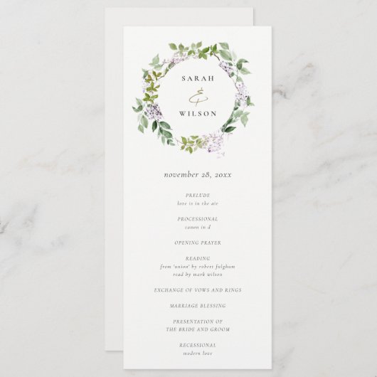 Lilac Floral Wreath Programme de mariage des chale (Devant / Derrière)